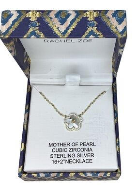 Rachel Zoe Clover Mother Of Pearl CZ Sterling Silver Necklace New